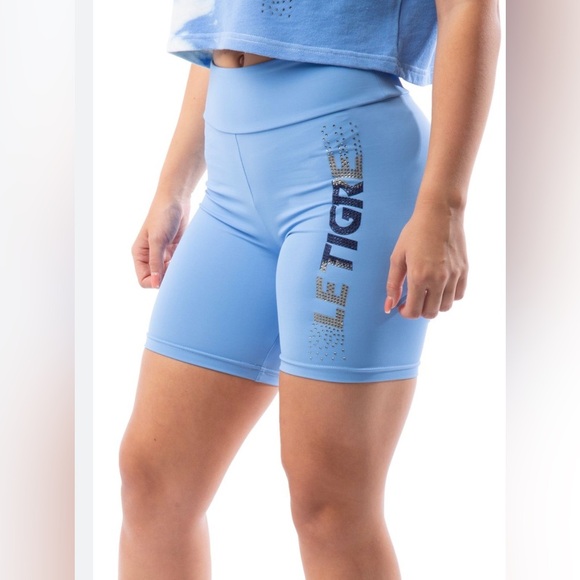 Le Tigre Pants - Le Tigre Women’s Lucia Blue Bike Biker Athletic Gym Shorts Rhinestones EUC